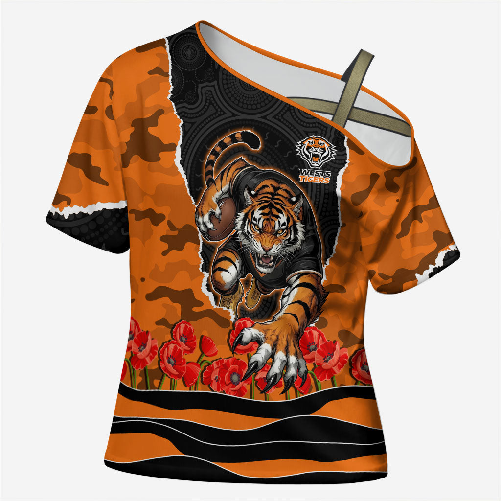 Personalized Wests Tigers ANZAC Tribute Cross Shoulder Shirt Poppy Field Soldier Silhouette Aboriginal Rugby Mascot