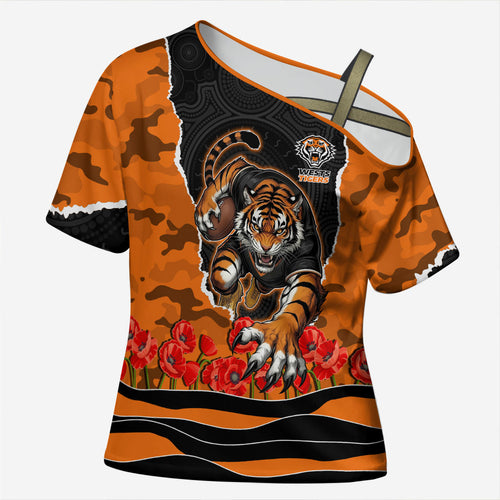 Personalized Wests Tigers ANZAC Tribute Cross Shoulder Shirt Poppy Field Soldier Silhouette Aboriginal Rugby Mascot