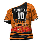 Personalized Wests Tigers ANZAC Tribute Cross Shoulder Shirt Poppy Field Soldier Silhouette Aboriginal Rugby Mascot