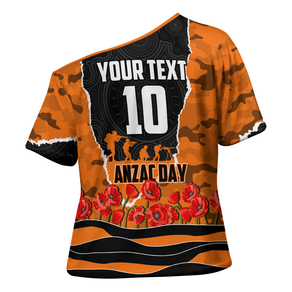 Personalized Wests Tigers ANZAC Tribute Cross Shoulder Shirt Poppy Field Soldier Silhouette Aboriginal Rugby Mascot