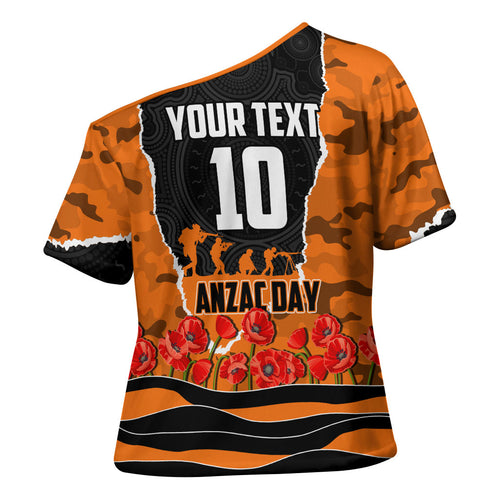 Personalized Wests Tigers ANZAC Tribute Cross Shoulder Shirt Poppy Field Soldier Silhouette Aboriginal Rugby Mascot