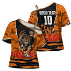 Personalized Wests Tigers ANZAC Tribute Cross Shoulder Shirt Poppy Field Soldier Silhouette Aboriginal Rugby Mascot