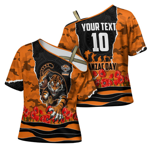 Personalized Wests Tigers ANZAC Tribute Cross Shoulder Shirt Poppy Field Soldier Silhouette Aboriginal Rugby Mascot
