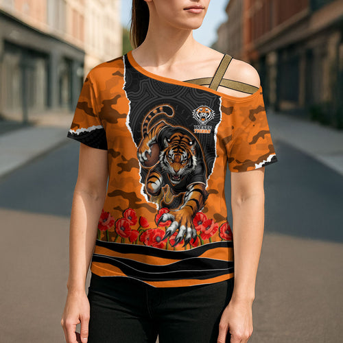 Personalized Wests Tigers ANZAC Tribute Cross Shoulder Shirt Poppy Field Soldier Silhouette Aboriginal Rugby Mascot