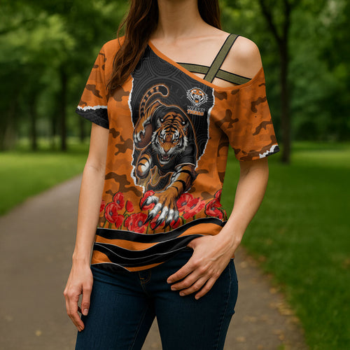 Personalized Wests Tigers ANZAC Tribute Cross Shoulder Shirt Poppy Field Soldier Silhouette Aboriginal Rugby Mascot