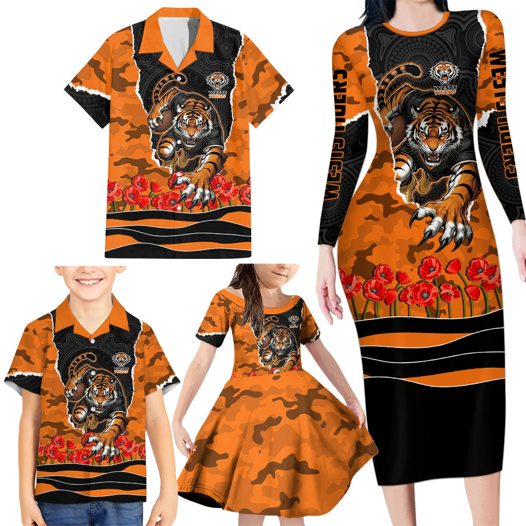 Personalized Wests Tigers ANZAC Tribute Family Matching Long Sleeve Bodycon Dress and Hawaiian Shirt Poppy Field Soldier Silhouette Aboriginal Rugby Mascot