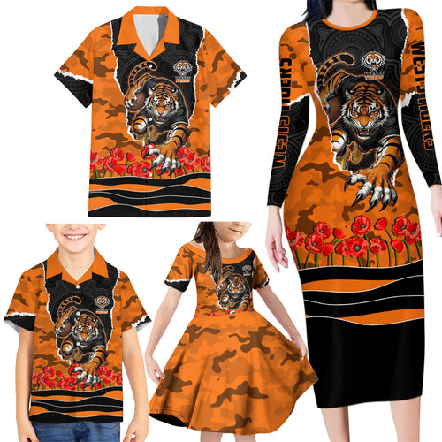 Personalized Wests Tigers ANZAC Tribute Family Matching Long Sleeve Bodycon Dress and Hawaiian Shirt Poppy Field Soldier Silhouette Aboriginal Rugby Mascot