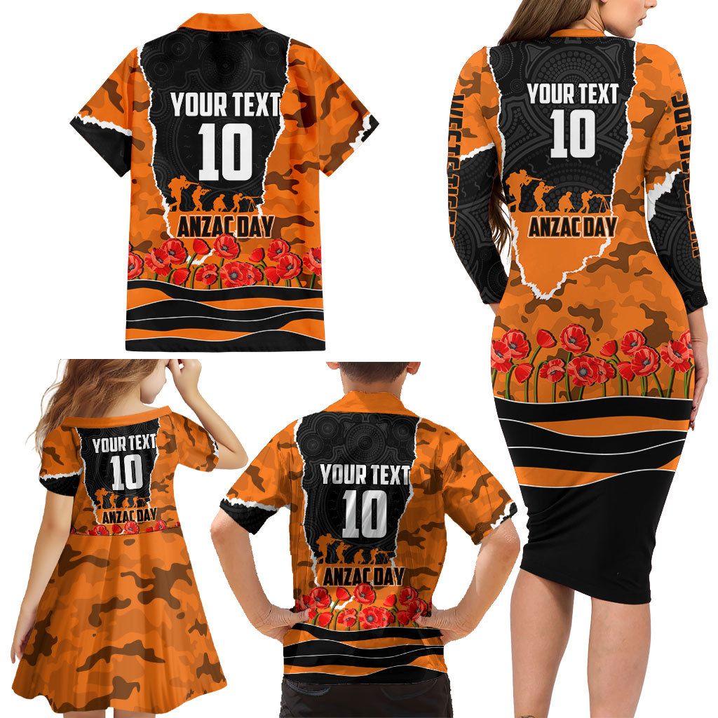Personalized Wests Tigers ANZAC Tribute Family Matching Long Sleeve Bodycon Dress and Hawaiian Shirt Poppy Field Soldier Silhouette Aboriginal Rugby Mascot