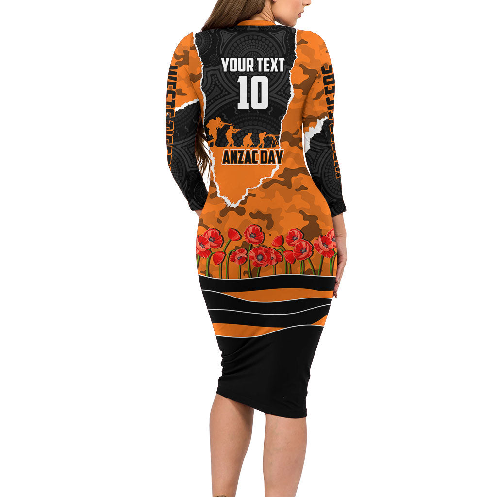 Personalized Wests Tigers ANZAC Tribute Family Matching Long Sleeve Bodycon Dress and Hawaiian Shirt Poppy Field Soldier Silhouette Aboriginal Rugby Mascot