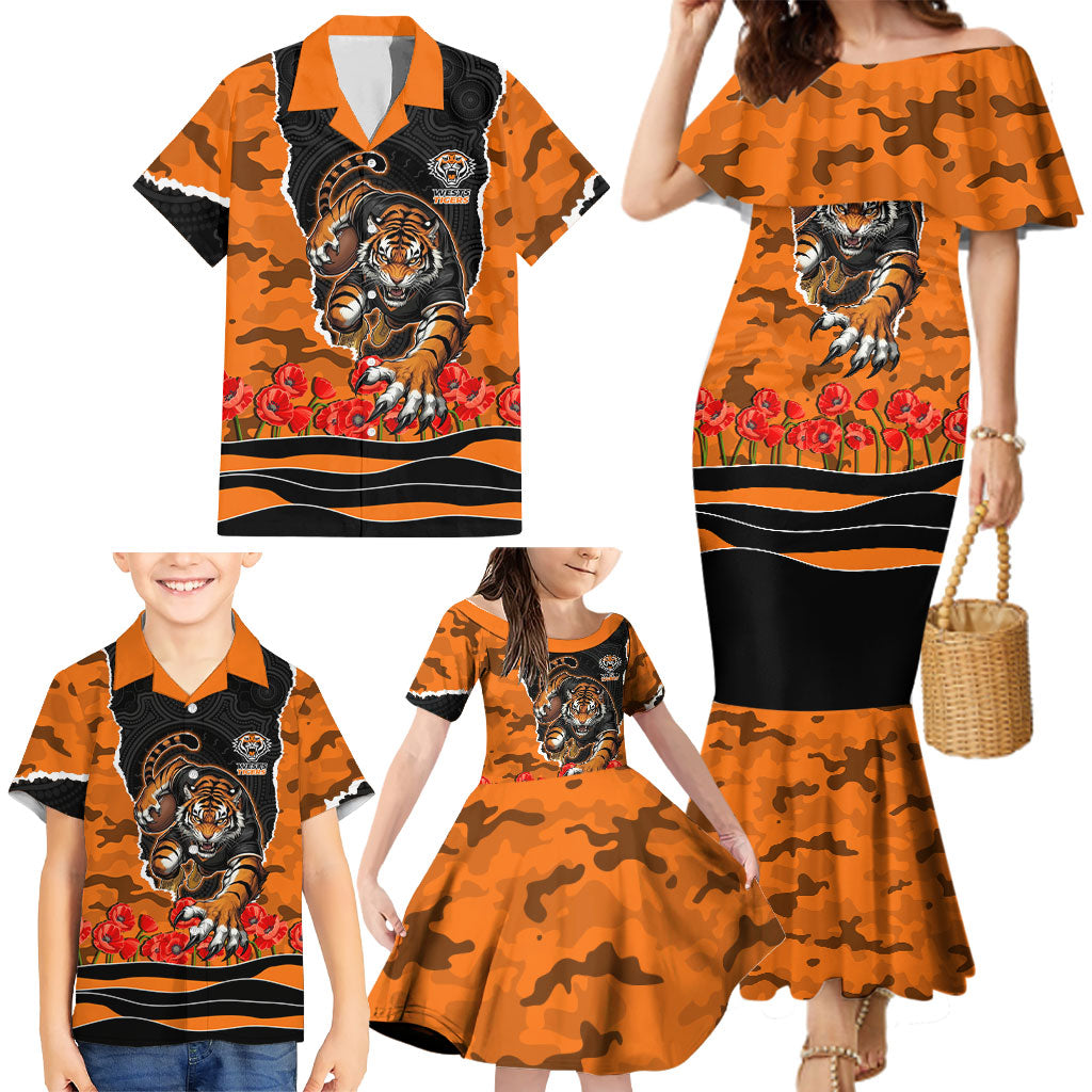 Personalized Wests Tigers ANZAC Tribute Family Matching Mermaid Dress and Hawaiian Shirt Poppy Field Soldier Silhouette Aboriginal Rugby Mascot
