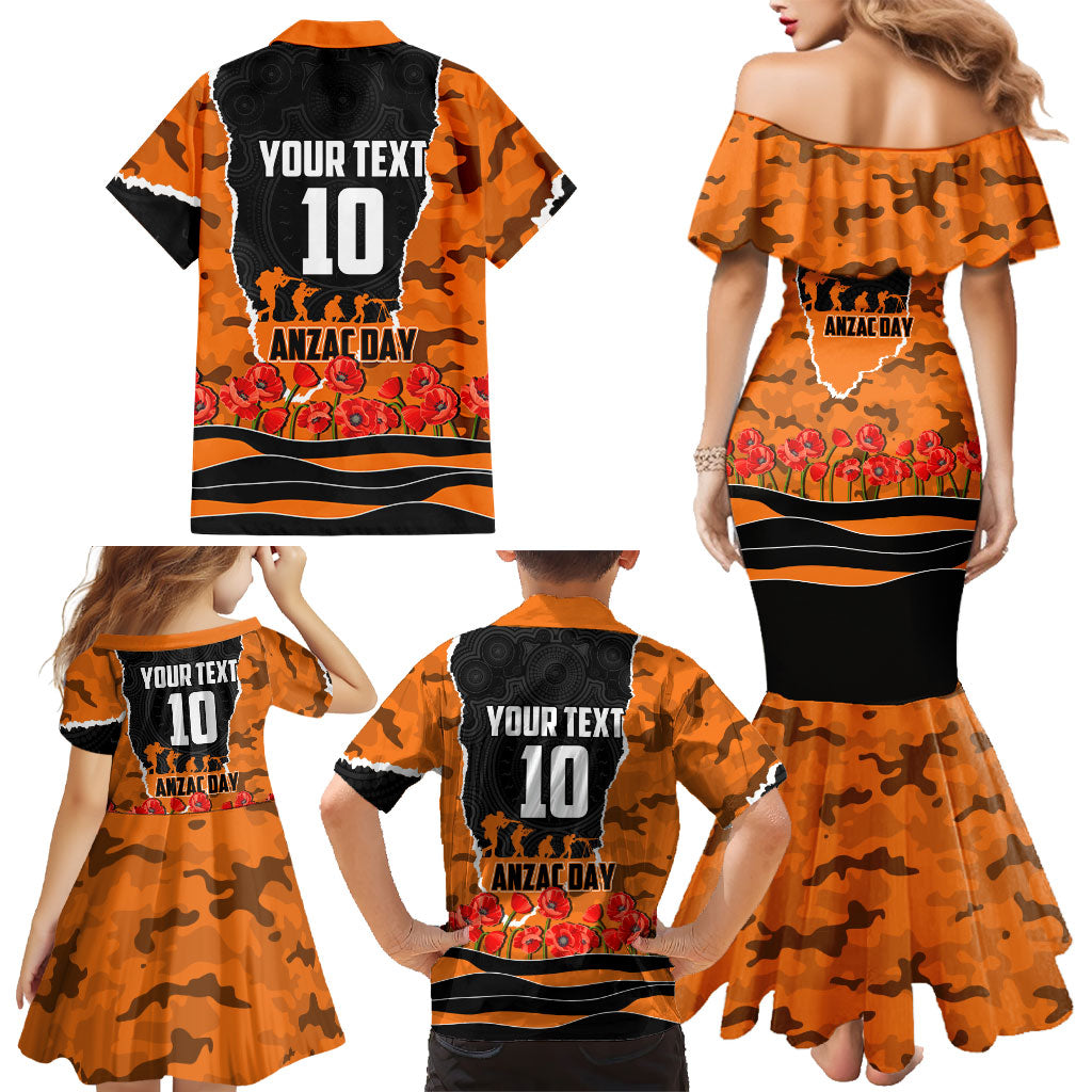 Personalized Wests Tigers ANZAC Tribute Family Matching Mermaid Dress and Hawaiian Shirt Poppy Field Soldier Silhouette Aboriginal Rugby Mascot