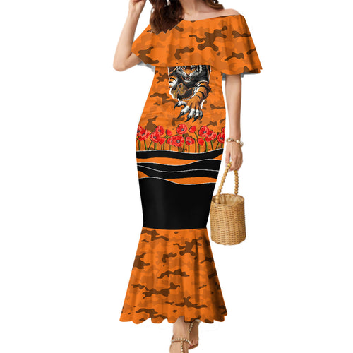 Personalized Wests Tigers ANZAC Tribute Family Matching Mermaid Dress and Hawaiian Shirt Poppy Field Soldier Silhouette Aboriginal Rugby Mascot