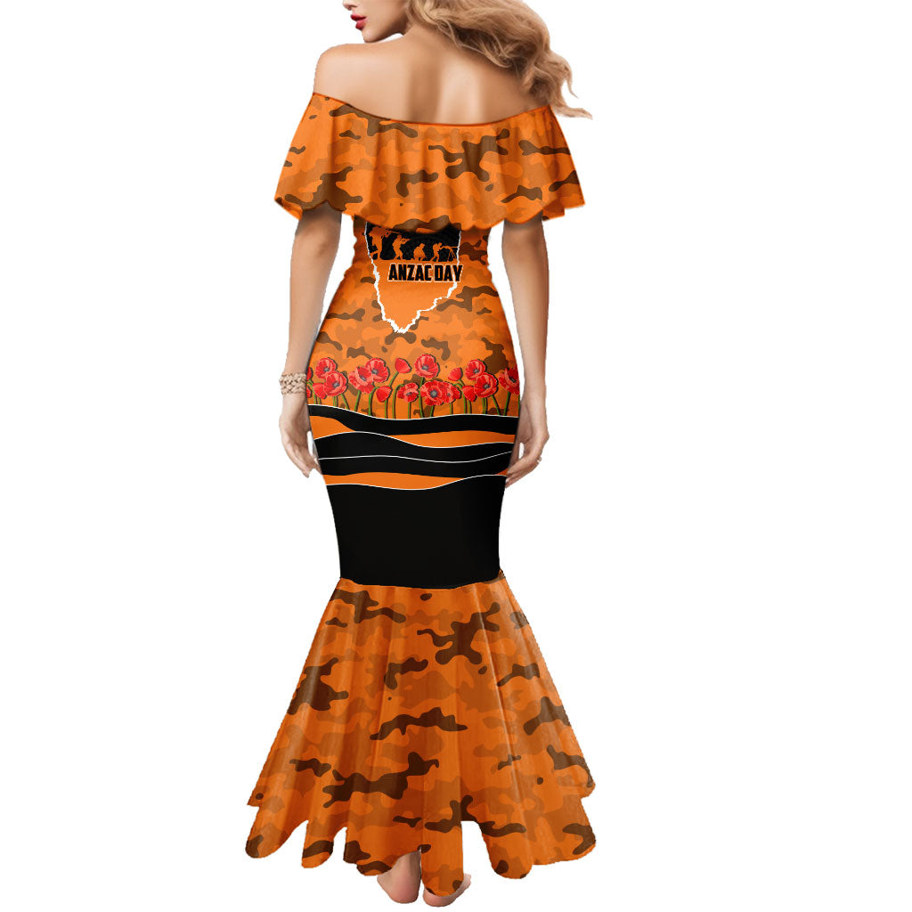 Personalized Wests Tigers ANZAC Tribute Family Matching Mermaid Dress and Hawaiian Shirt Poppy Field Soldier Silhouette Aboriginal Rugby Mascot