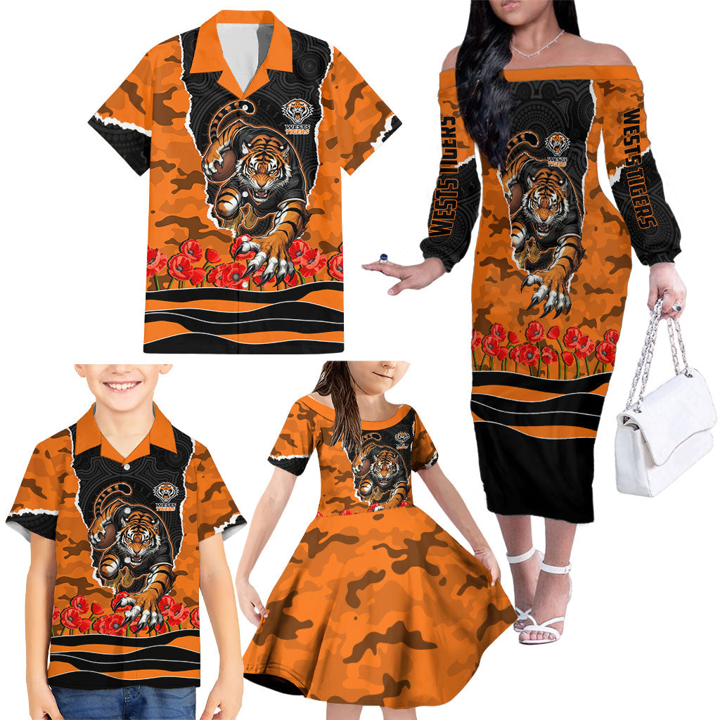 Personalized Wests Tigers ANZAC Tribute Family Matching Off The Shoulder Long Sleeve Dress and Hawaiian Shirt Poppy Field Soldier Silhouette Aboriginal Rugby Mascot
