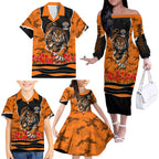 Personalized Wests Tigers ANZAC Tribute Family Matching Off The Shoulder Long Sleeve Dress and Hawaiian Shirt Poppy Field Soldier Silhouette Aboriginal Rugby Mascot
