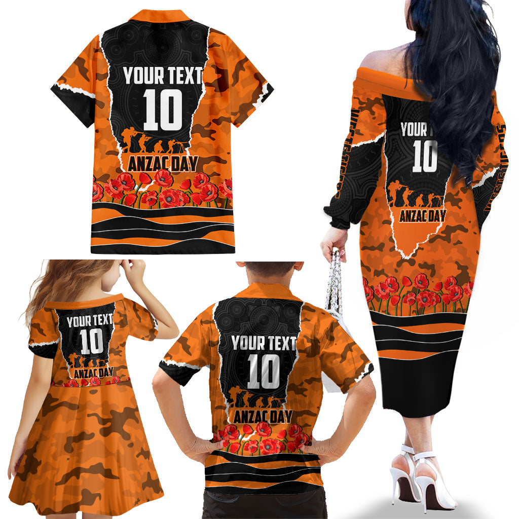 Personalized Wests Tigers ANZAC Tribute Family Matching Off The Shoulder Long Sleeve Dress and Hawaiian Shirt Poppy Field Soldier Silhouette Aboriginal Rugby Mascot