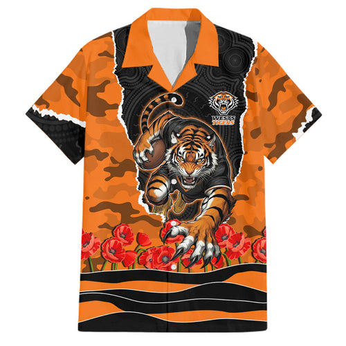 Personalized Wests Tigers ANZAC Tribute Family Matching Off The Shoulder Long Sleeve Dress and Hawaiian Shirt Poppy Field Soldier Silhouette Aboriginal Rugby Mascot