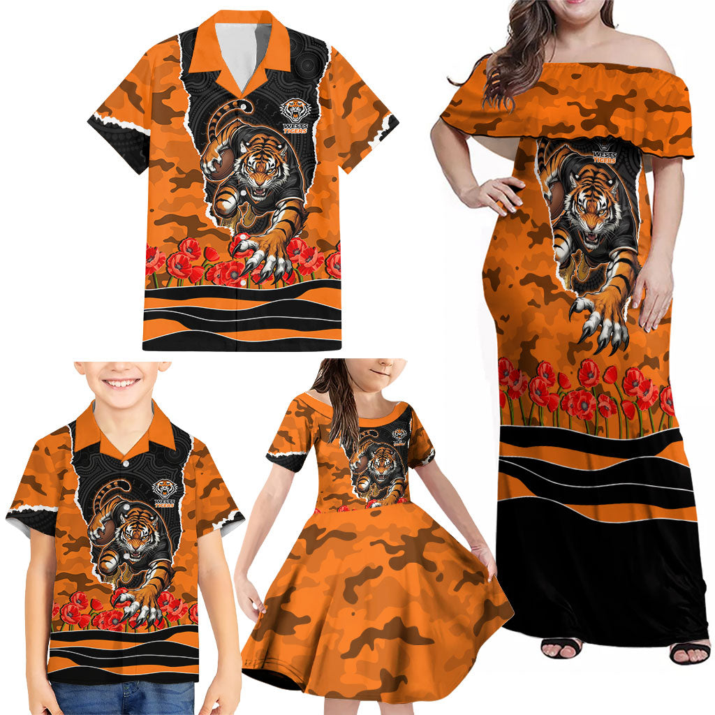 Personalized Wests Tigers ANZAC Tribute Family Matching Off Shoulder Maxi Dress and Hawaiian Shirt Poppy Field Soldier Silhouette Aboriginal Rugby Mascot