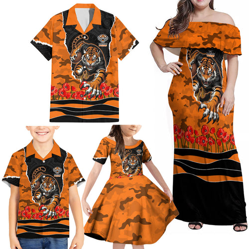 Personalized Wests Tigers ANZAC Tribute Family Matching Off Shoulder Maxi Dress and Hawaiian Shirt Poppy Field Soldier Silhouette Aboriginal Rugby Mascot