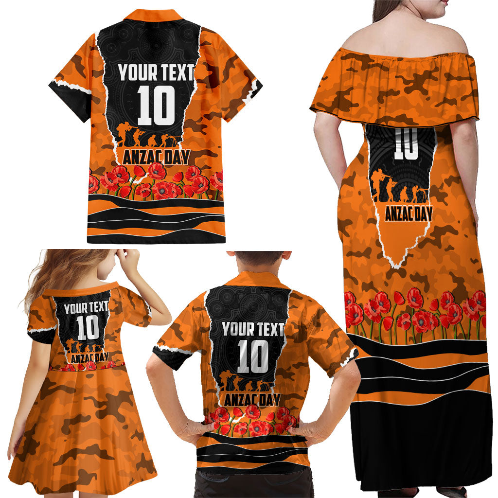 Personalized Wests Tigers ANZAC Tribute Family Matching Off Shoulder Maxi Dress and Hawaiian Shirt Poppy Field Soldier Silhouette Aboriginal Rugby Mascot