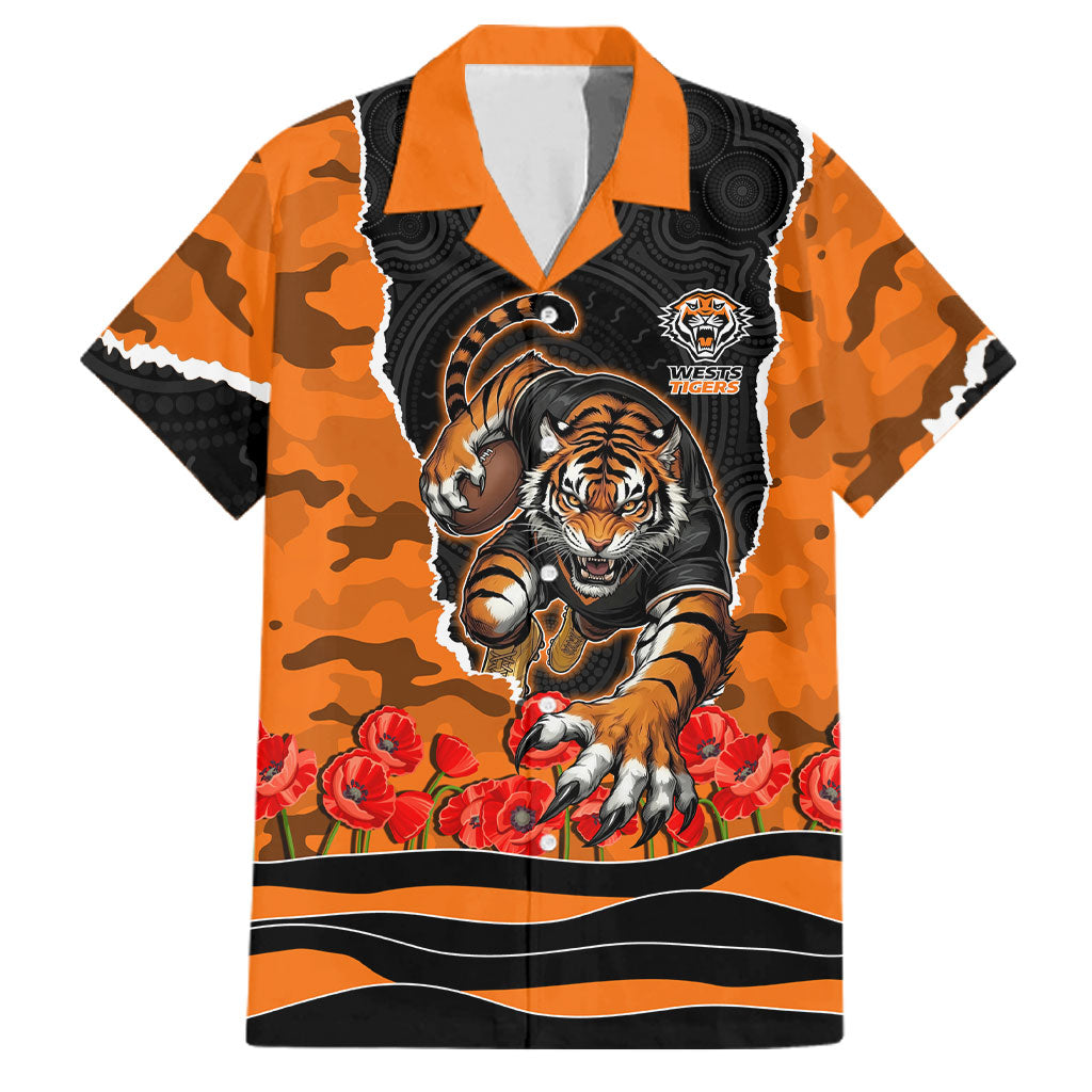 Personalized Wests Tigers ANZAC Tribute Family Matching Off Shoulder Maxi Dress and Hawaiian Shirt Poppy Field Soldier Silhouette Aboriginal Rugby Mascot