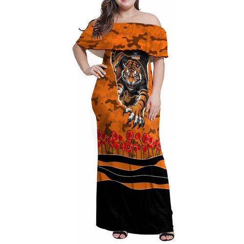 Personalized Wests Tigers ANZAC Tribute Family Matching Off Shoulder Maxi Dress and Hawaiian Shirt Poppy Field Soldier Silhouette Aboriginal Rugby Mascot