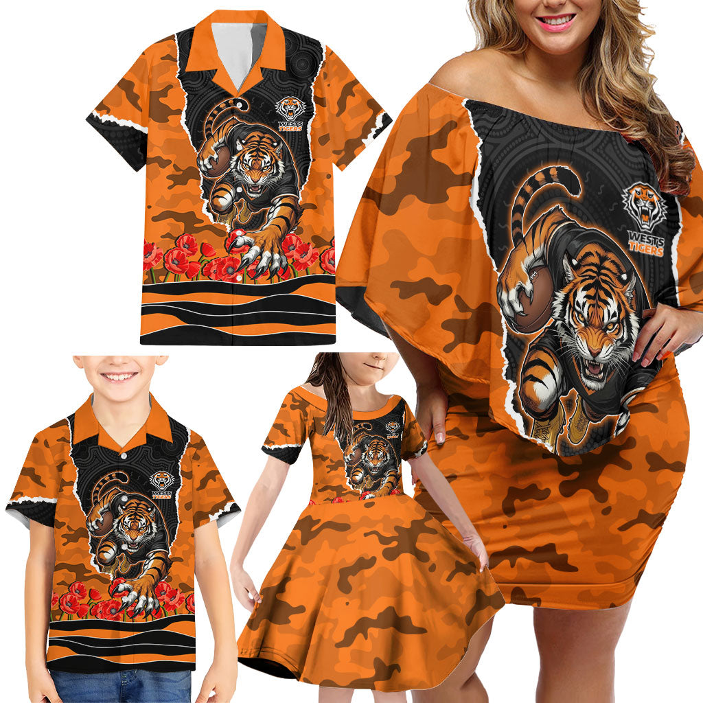 Personalized Wests Tigers ANZAC Tribute Family Matching Off Shoulder Short Dress and Hawaiian Shirt Poppy Field Soldier Silhouette Aboriginal Rugby Mascot