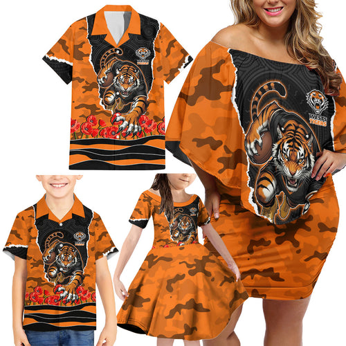 Personalized Wests Tigers ANZAC Tribute Family Matching Off Shoulder Short Dress and Hawaiian Shirt Poppy Field Soldier Silhouette Aboriginal Rugby Mascot