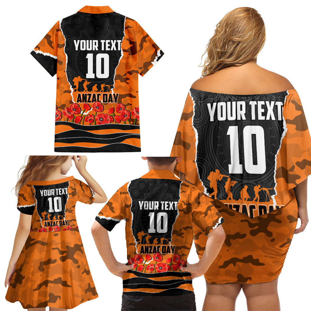 Personalized Wests Tigers ANZAC Tribute Family Matching Off Shoulder Short Dress and Hawaiian Shirt Poppy Field Soldier Silhouette Aboriginal Rugby Mascot