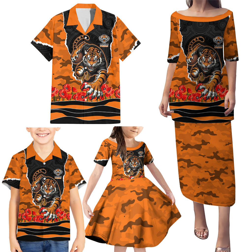 Personalized Wests Tigers ANZAC Tribute Family Matching Puletasi and Hawaiian Shirt Poppy Field Soldier Silhouette Aboriginal Rugby Mascot