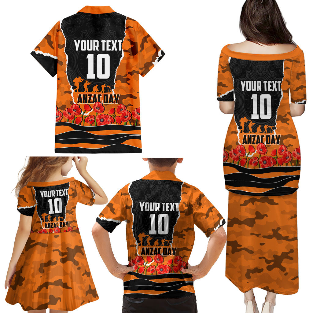 Personalized Wests Tigers ANZAC Tribute Family Matching Puletasi and Hawaiian Shirt Poppy Field Soldier Silhouette Aboriginal Rugby Mascot