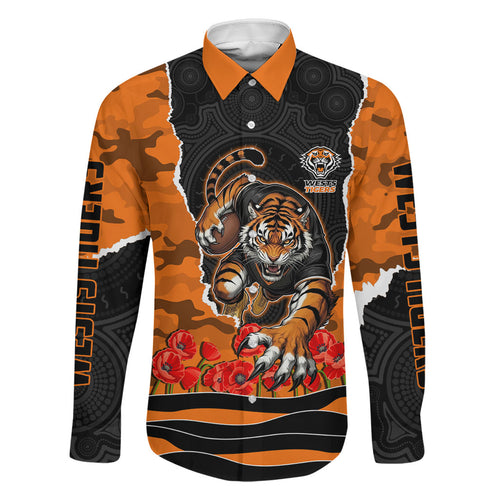 Personalized Wests Tigers ANZAC Tribute Family Matching Puletasi and Hawaiian Shirt Poppy Field Soldier Silhouette Aboriginal Rugby Mascot