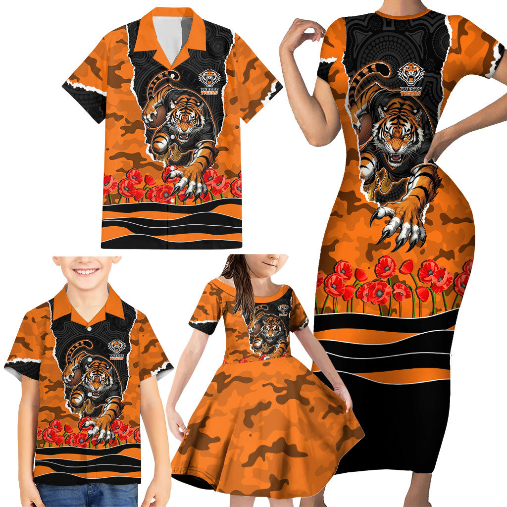 Personalized Wests Tigers ANZAC Tribute Family Matching Short Sleeve Bodycon Dress and Hawaiian Shirt Poppy Field Soldier Silhouette Aboriginal Rugby Mascot