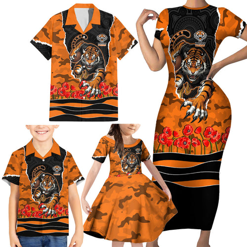 Personalized Wests Tigers ANZAC Tribute Family Matching Short Sleeve Bodycon Dress and Hawaiian Shirt Poppy Field Soldier Silhouette Aboriginal Rugby Mascot