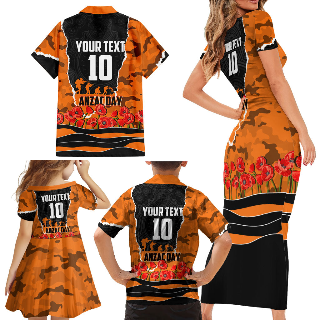 Personalized Wests Tigers ANZAC Tribute Family Matching Short Sleeve Bodycon Dress and Hawaiian Shirt Poppy Field Soldier Silhouette Aboriginal Rugby Mascot