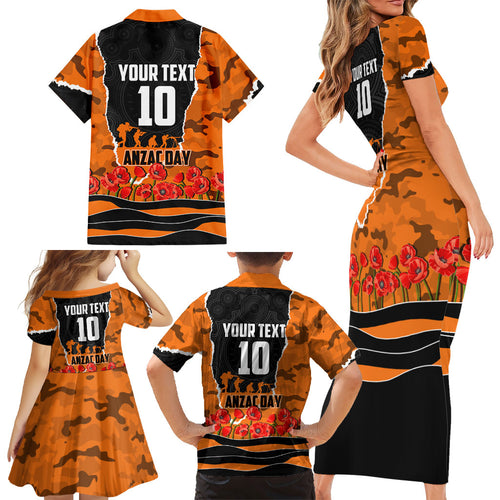 Personalized Wests Tigers ANZAC Tribute Family Matching Short Sleeve Bodycon Dress and Hawaiian Shirt Poppy Field Soldier Silhouette Aboriginal Rugby Mascot