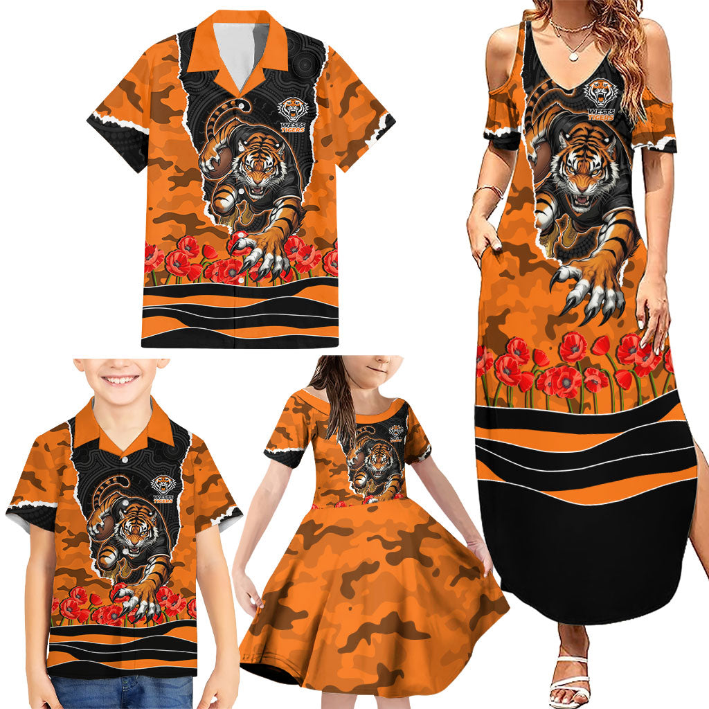 Personalized Wests Tigers ANZAC Tribute Family Matching Summer Maxi Dress and Hawaiian Shirt Poppy Field Soldier Silhouette Aboriginal Rugby Mascot