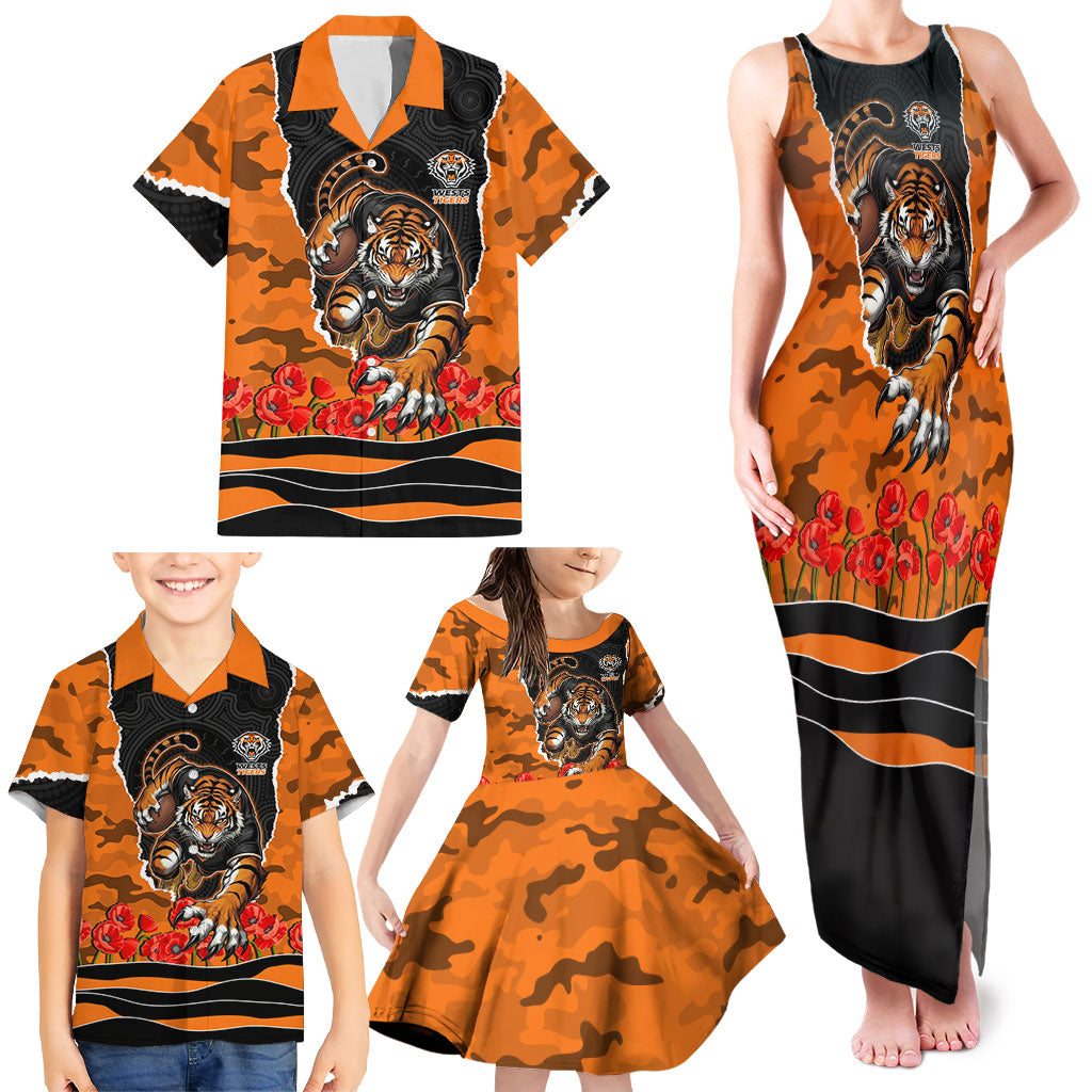 Personalized Wests Tigers ANZAC Tribute Family Matching Tank Maxi Dress and Hawaiian Shirt Poppy Field Soldier Silhouette Aboriginal Rugby Mascot