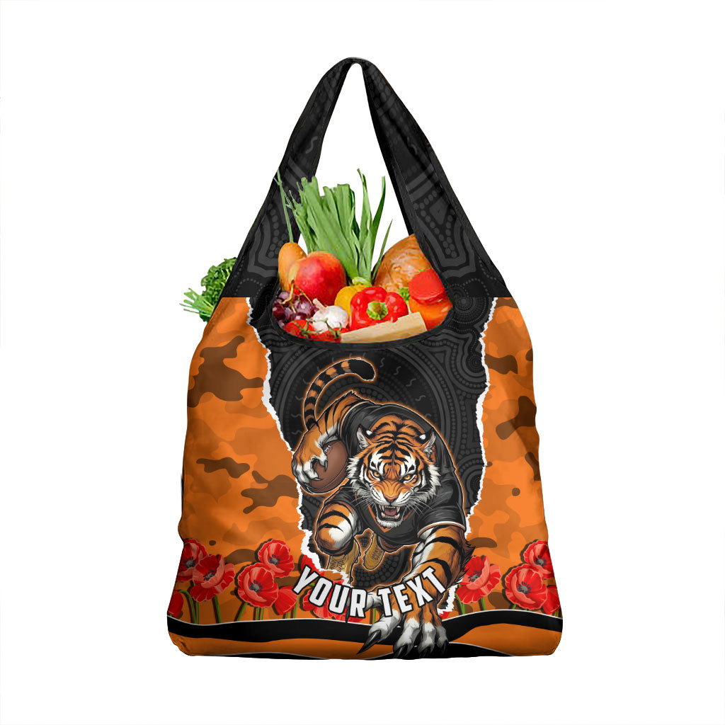 Personalized Wests Tigers ANZAC Tribute Grocery Bag Poppy Field Soldier Silhouette Aboriginal Rugby Mascot