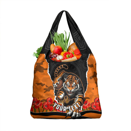 Personalized Wests Tigers ANZAC Tribute Grocery Bag Poppy Field Soldier Silhouette Aboriginal Rugby Mascot