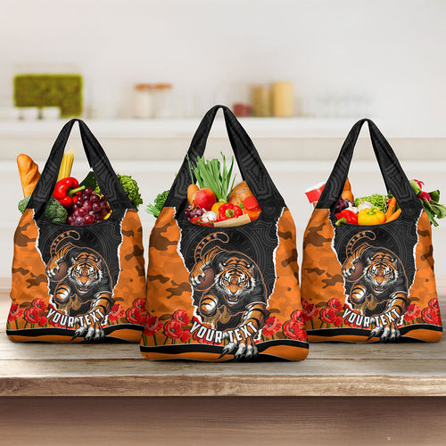 Personalized Wests Tigers ANZAC Tribute Grocery Bag Poppy Field Soldier Silhouette Aboriginal Rugby Mascot