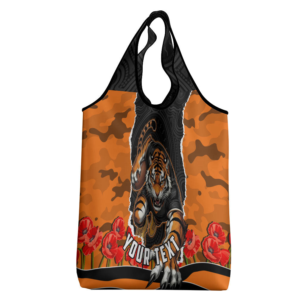Personalized Wests Tigers ANZAC Tribute Grocery Bag Poppy Field Soldier Silhouette Aboriginal Rugby Mascot