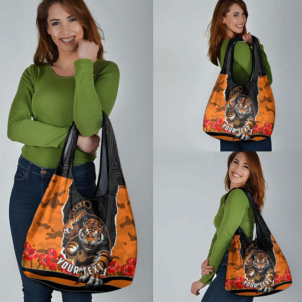 Personalized Wests Tigers ANZAC Tribute Grocery Bag Poppy Field Soldier Silhouette Aboriginal Rugby Mascot