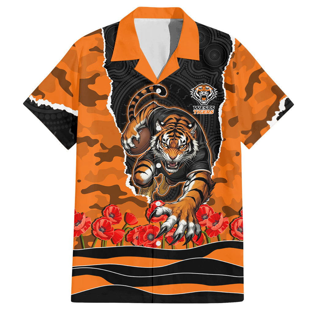 Personalized Wests Tigers ANZAC Tribute Hawaiian Shirt Poppy Field Soldier Silhouette Aboriginal Rugby Mascot