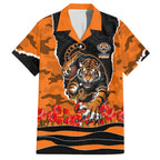 Personalized Wests Tigers ANZAC Tribute Hawaiian Shirt Poppy Field Soldier Silhouette Aboriginal Rugby Mascot