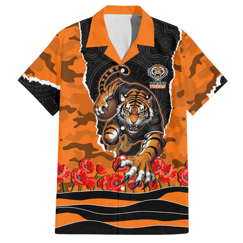 Personalized Wests Tigers ANZAC Tribute Hawaiian Shirt Poppy Field Soldier Silhouette Aboriginal Rugby Mascot