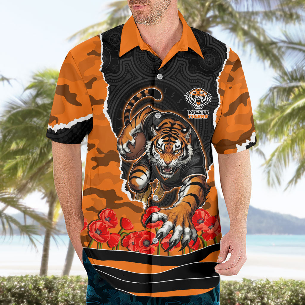 Personalized Wests Tigers ANZAC Tribute Hawaiian Shirt Poppy Field Soldier Silhouette Aboriginal Rugby Mascot