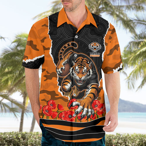 Personalized Wests Tigers ANZAC Tribute Hawaiian Shirt Poppy Field Soldier Silhouette Aboriginal Rugby Mascot