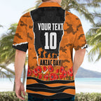 Personalized Wests Tigers ANZAC Tribute Hawaiian Shirt Poppy Field Soldier Silhouette Aboriginal Rugby Mascot