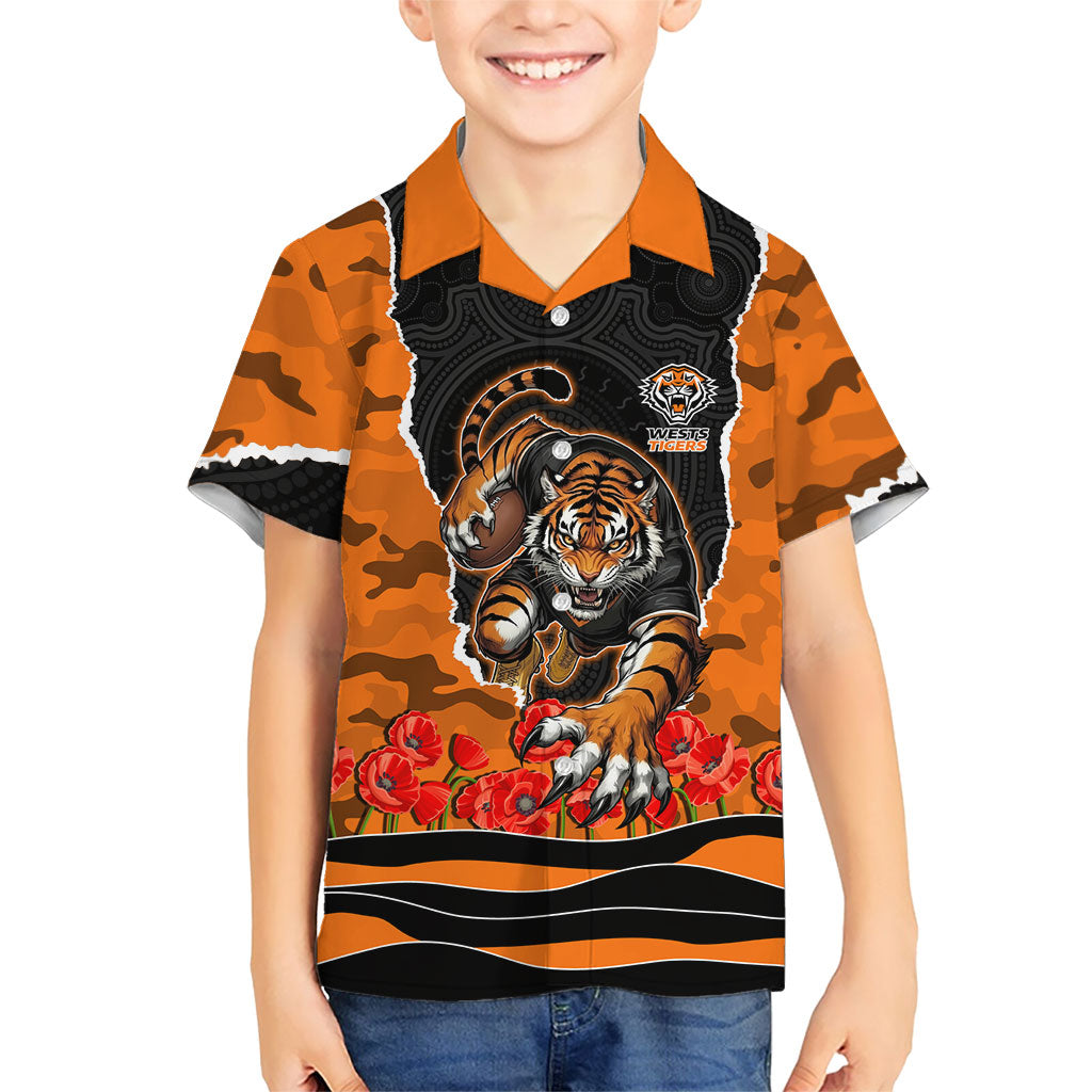 Personalized Wests Tigers ANZAC Tribute Hawaiian Shirt Poppy Field Soldier Silhouette Aboriginal Rugby Mascot